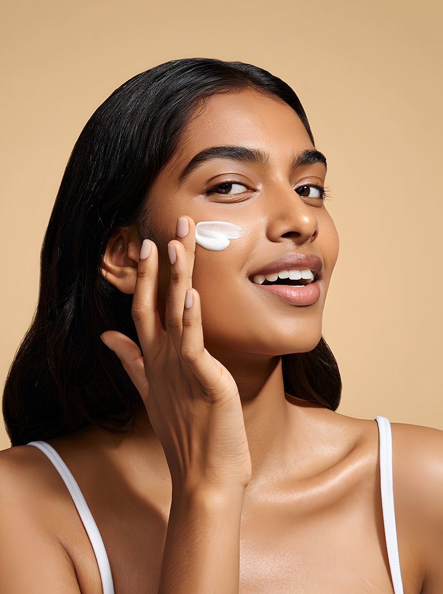 Woman applying moisturiser to her cheek against a warm beige background